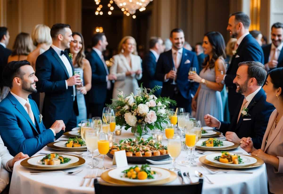 A table set with elegant place settings and a spread of gourmet food and drinks, surrounded by happy guests mingling and chatting