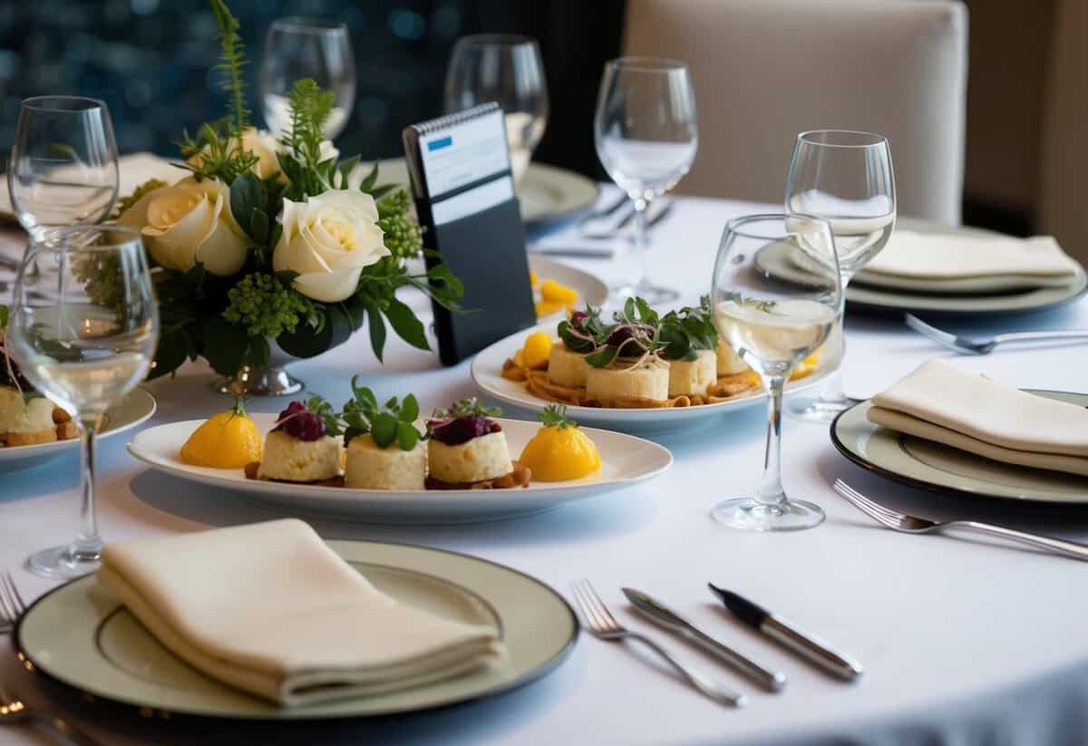 A table set with elegant place settings and a spread of gourmet dishes, with a checkbook and pen placed at the head of the table