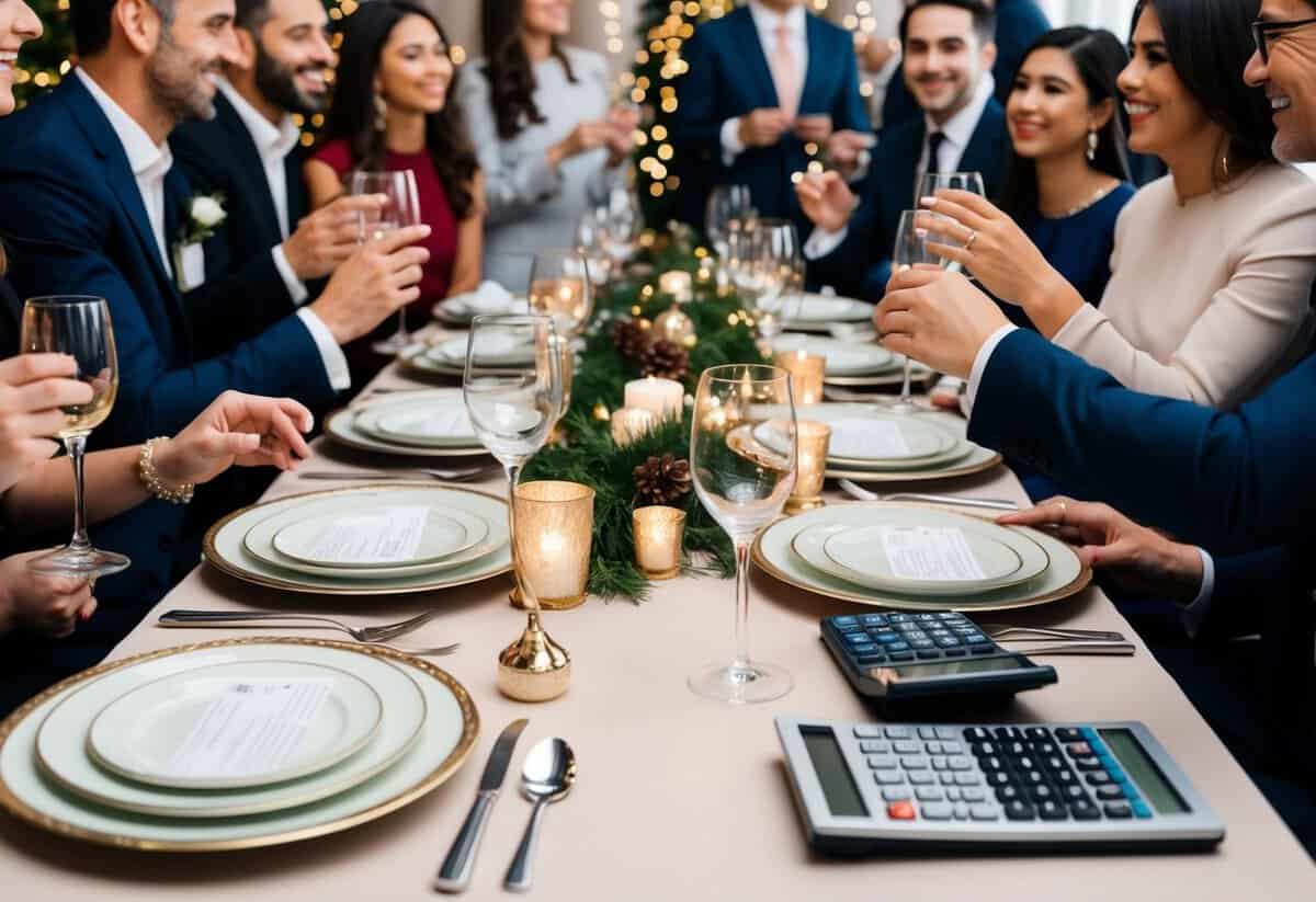 A table set with elegant dinnerware and decorations, surrounded by guests mingling and enjoying a festive atmosphere. A stack of bills and a calculator sit nearby, indicating the financial planning involved