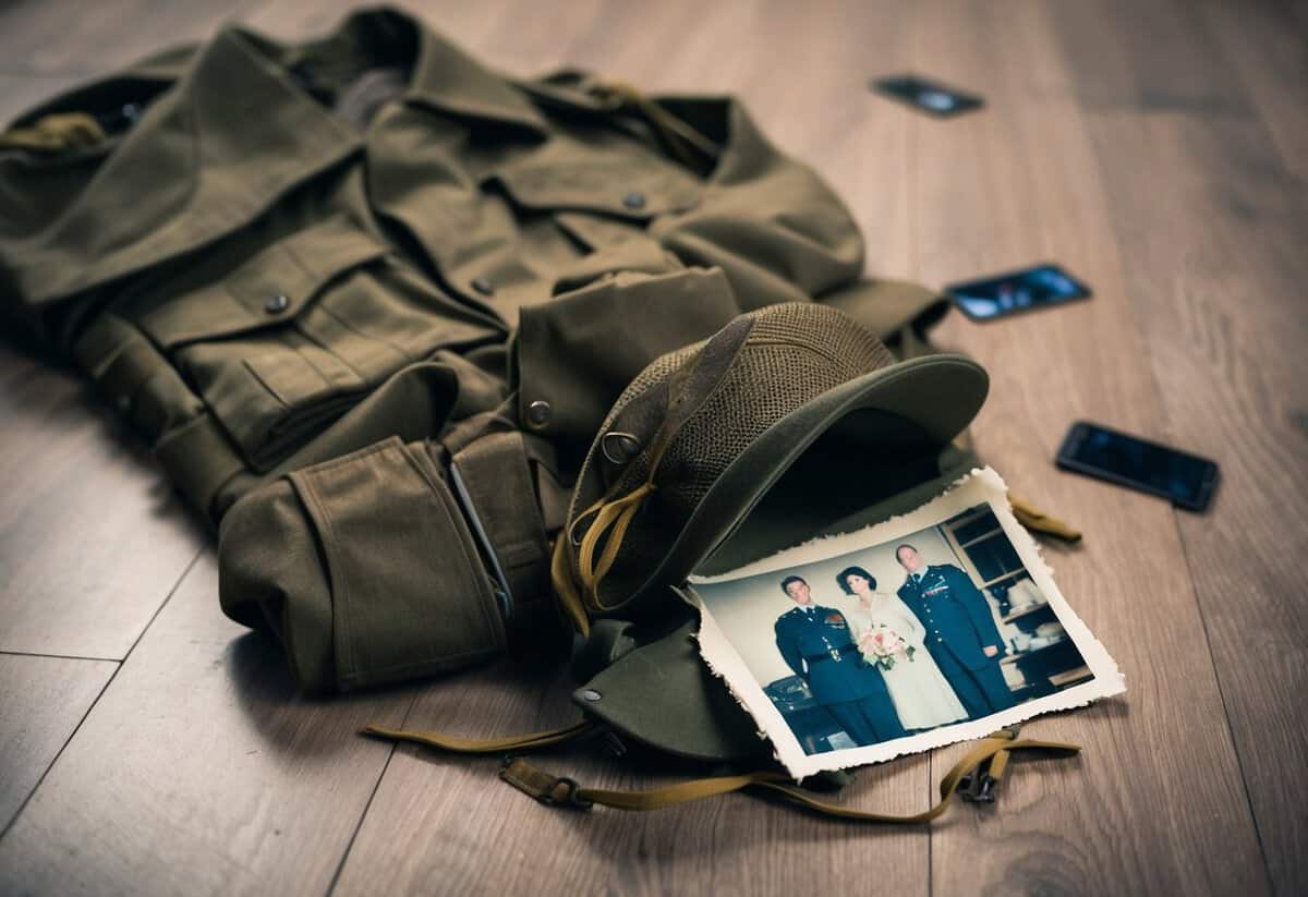 A soldier's uniform lays discarded on the floor, while a torn photograph of the wife and another man lies nearby