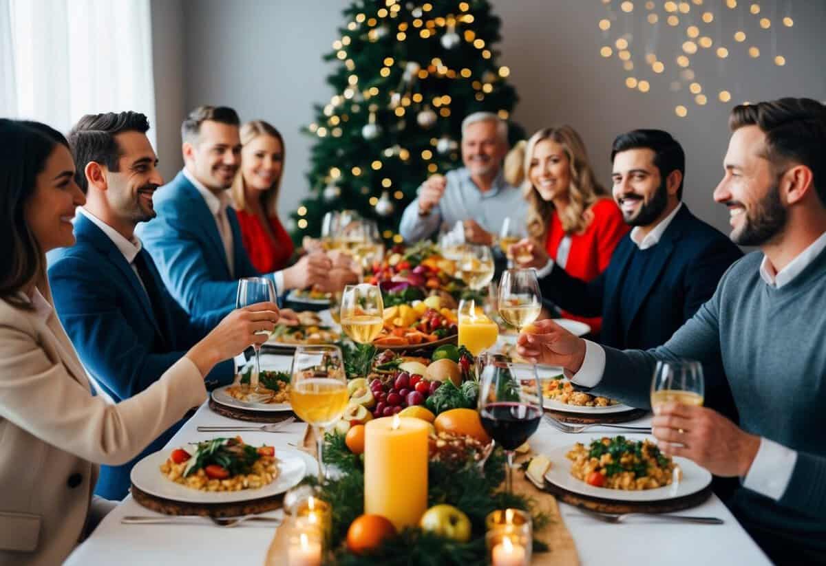 A festive dinner table with guests mingling, a spread of food, and a cheerful atmosphere