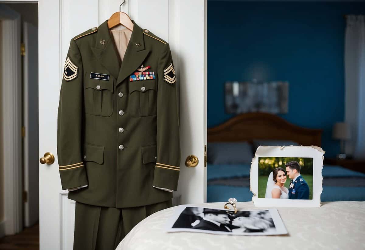 A military uniform hung on a bedroom door, a wedding ring left on a bedside table, and a torn photograph of a couple