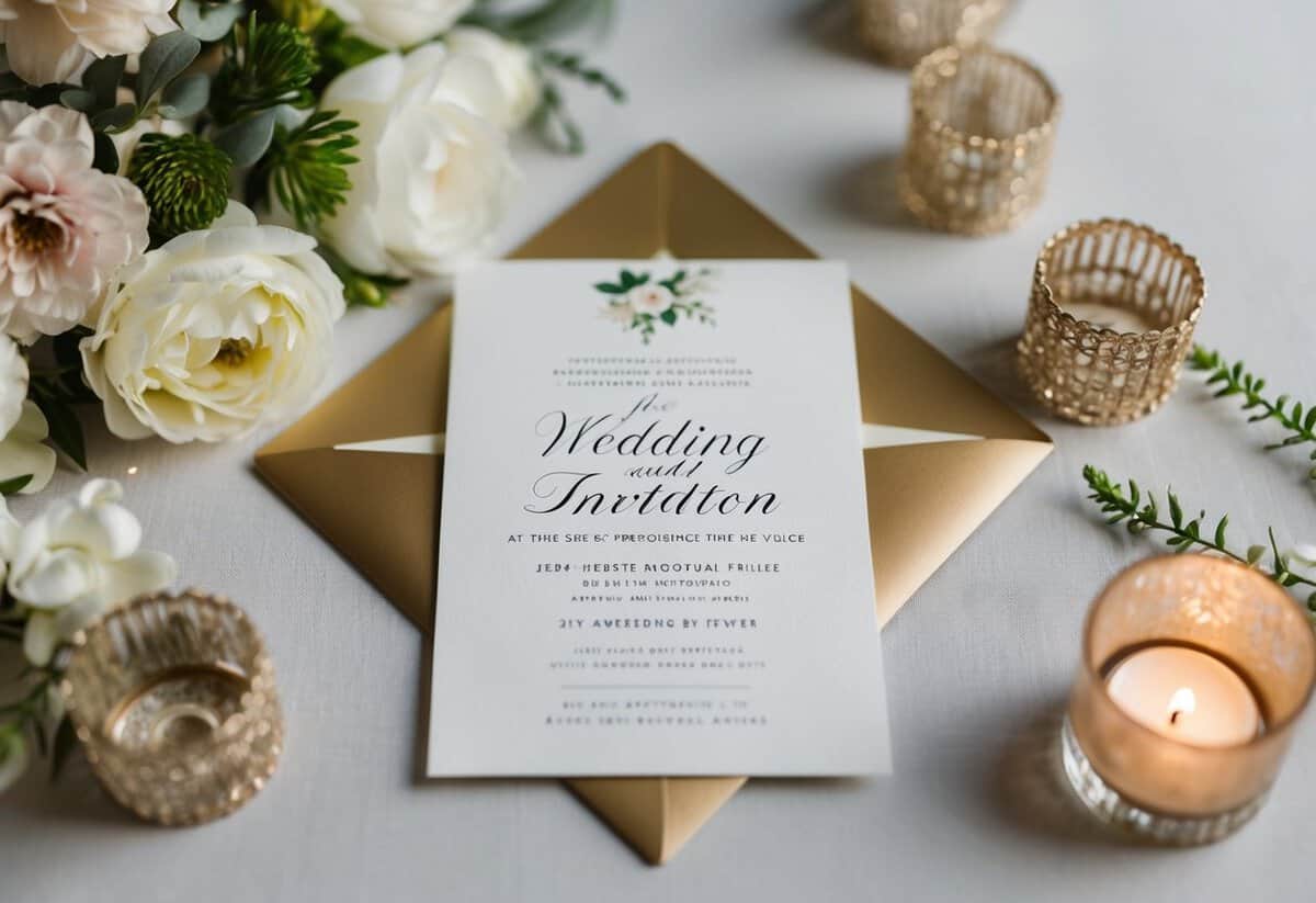 A wedding invitation lying on a table, surrounded by elegant decorations and flowers