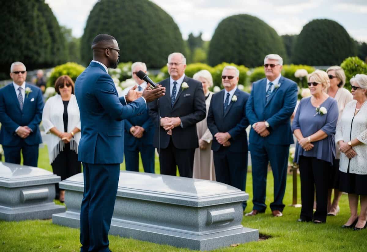 A celebrant standing at a gravesite, surrounded by mourners, delivering a eulogy