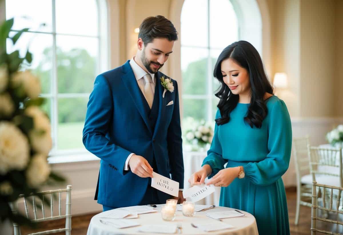 A couple standing in front of a small, elegant table, carefully selecting names from a guest list. The atmosphere is serene and thoughtful
