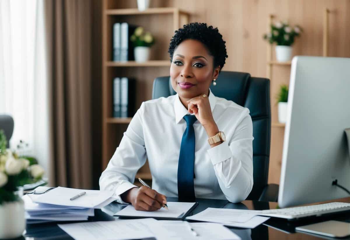 A celebrant sits at a desk, surrounded by papers and a computer. They are carefully preparing and customizing funeral services, with a thoughtful expression on their face
