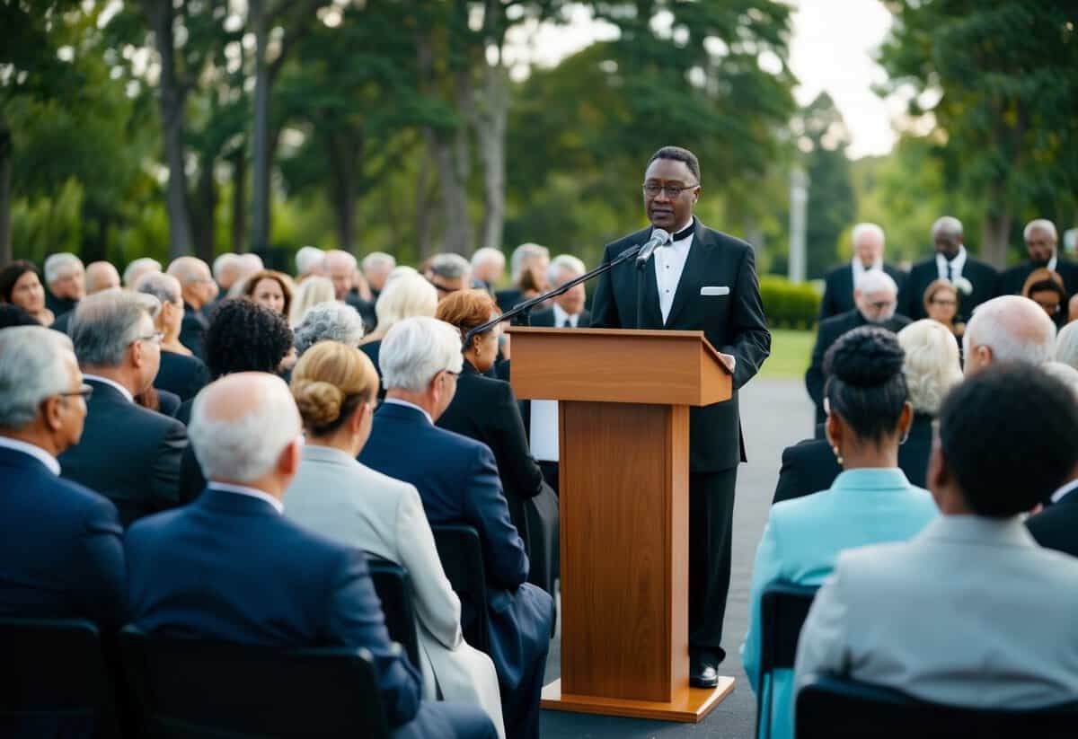 A funeral celebrant standing at a podium, surrounded by mourners, with a serene and respectful atmosphere