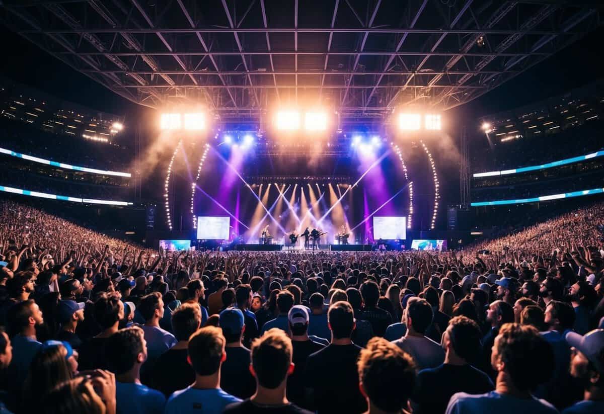 A crowded stadium with flashing lights and a pulsing stage, where a band performs their hit song to a sea of cheering fans