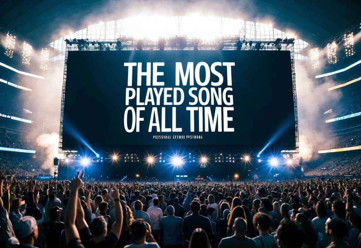 A crowded concert stadium with a massive screen displaying the title of the most played song of all time, surrounded by flashing lights and cheering fans
