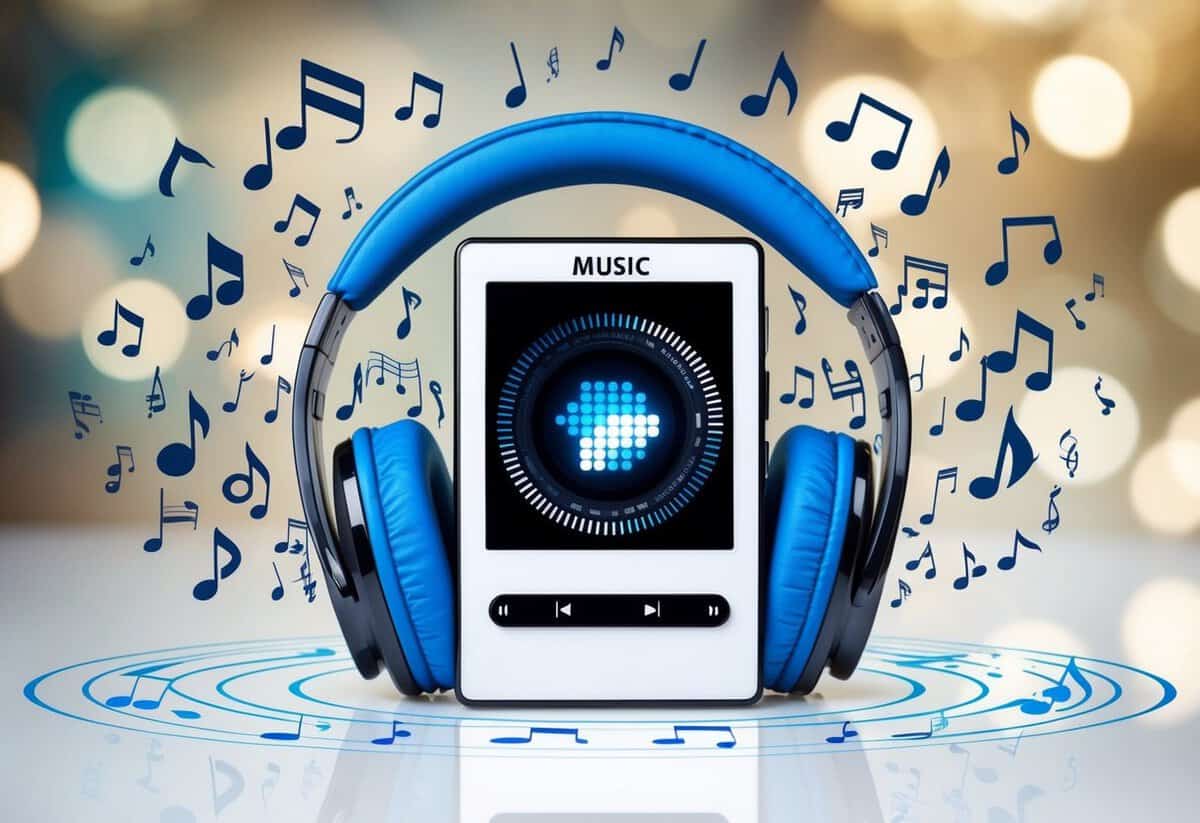 A digital music player with headphones, surrounded by various genres of music symbols and notes, with a dynamic visual representation of sound waves emanating from the device
