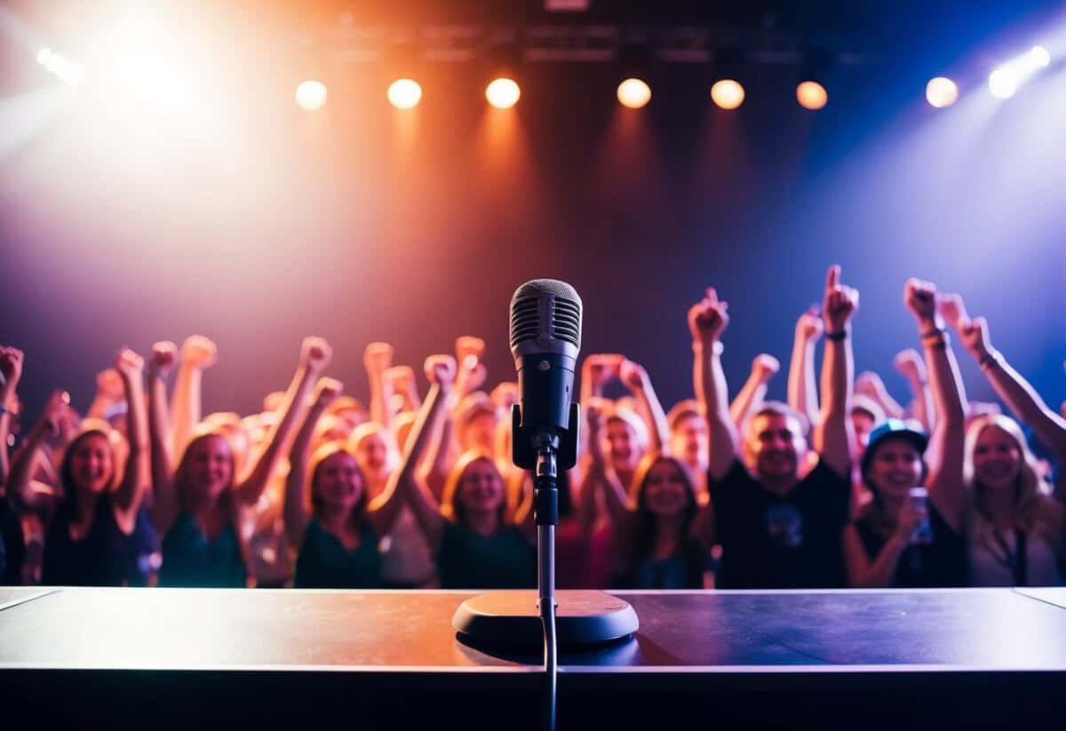 A stage with a microphone and spotlight, surrounded by cheering fans