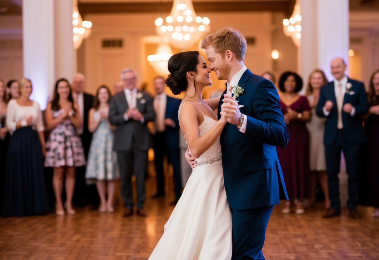 A couple dances in a warmly lit ballroom, surrounded by friends and family. The sound of Ed Sheeran's "Perfect" fills the air, creating a romantic atmosphere