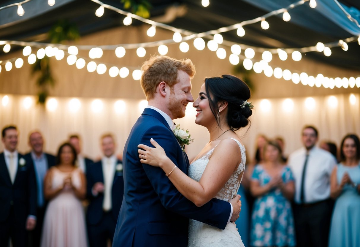 A couple dances under twinkling lights to Ed Sheeran's "Perfect" at their wedding