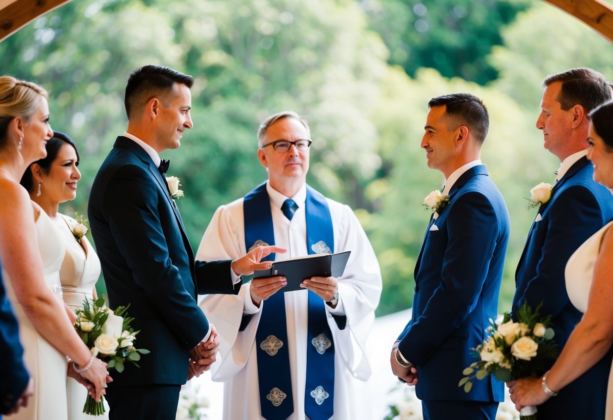 The officiant stands at the center of the ceremony, symbolizing authority and guiding the couple through their vows. Their presence is crucial to the legality and solemnity of the union