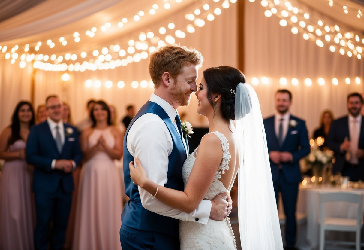 A bride and groom dance under twinkling lights to the romantic melody of an Ed Sheeran song at their wedding reception