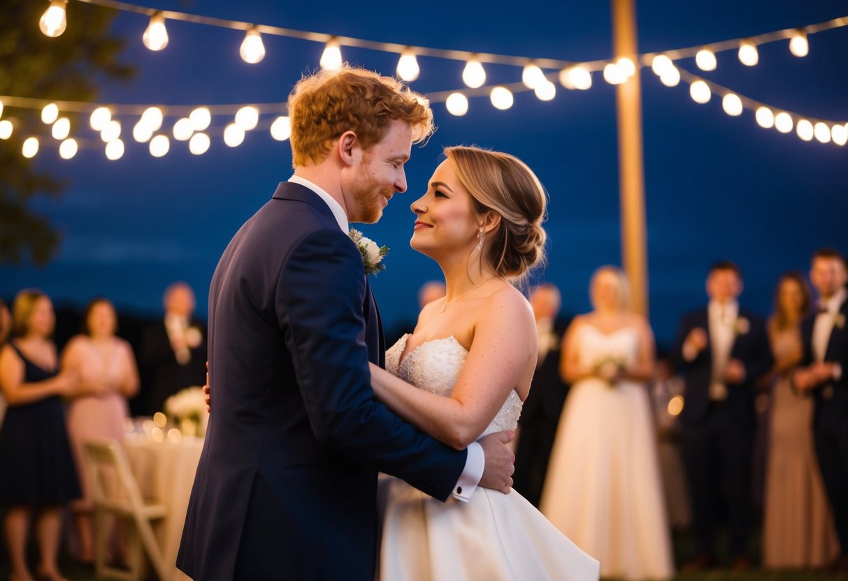 A couple dances under twinkling lights as Ed Sheeran's love song fills the air at their wedding