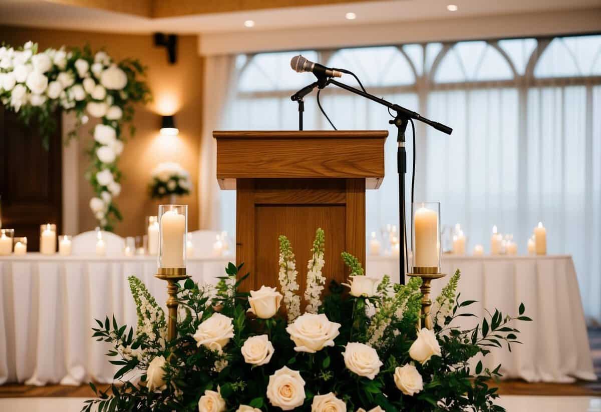 A podium with a microphone stands at the front of a decorated wedding venue, surrounded by flowers and candles