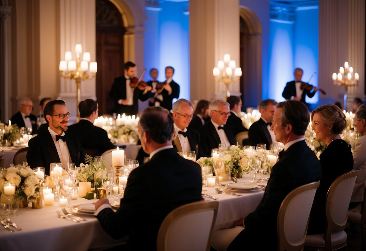 Soft candlelight illuminates a grand banquet hall as guests enjoy a lavish dinner. A string quartet plays elegant classical music in the background