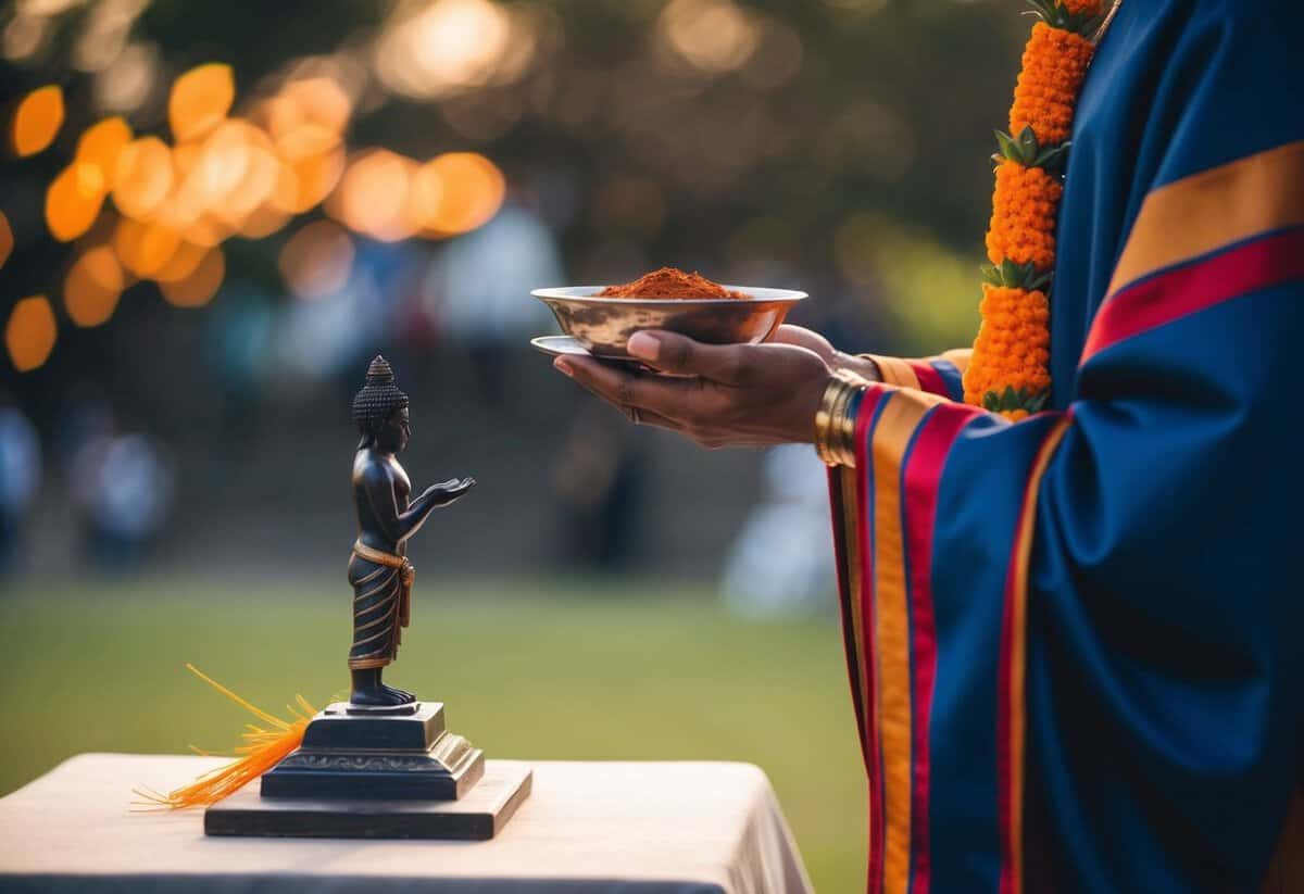A figure places an offering on a simple altar