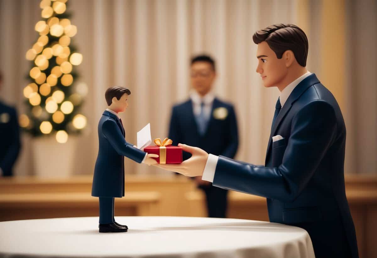 A figure placing a gift or envelope on a table in front of a solemnizer
