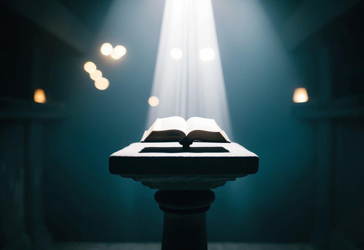 A beam of light shining down on a solitary, ancient-looking book atop a stone pedestal in a dimly lit chamber