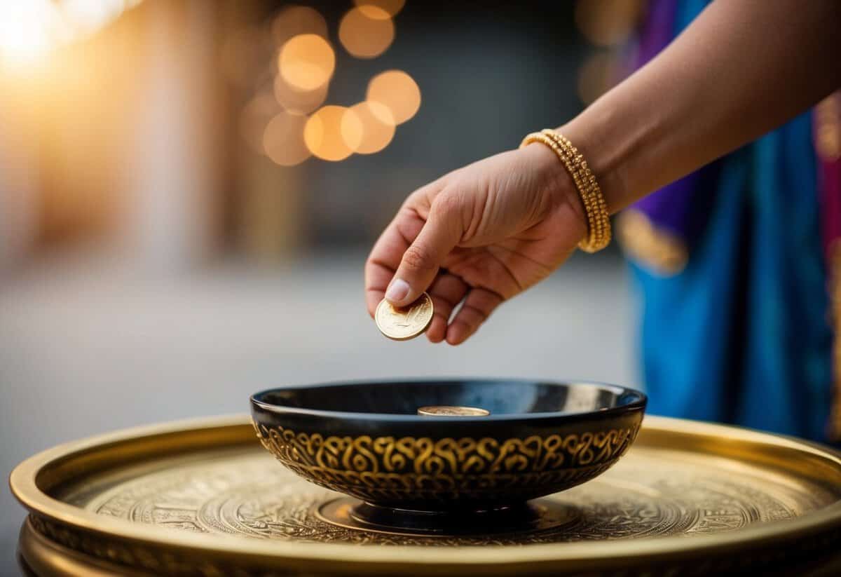A figure placing a coin or currency into a ceremonial offering bowl or receptacle