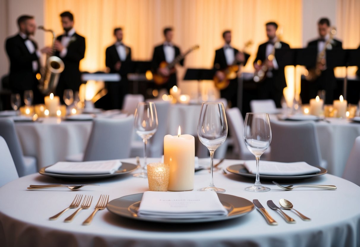 An elegant table setting with soft candlelight and a live band playing modern melodies in the background