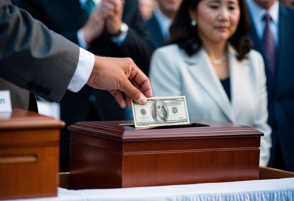 A person placing money into a donation box at a solemn event
