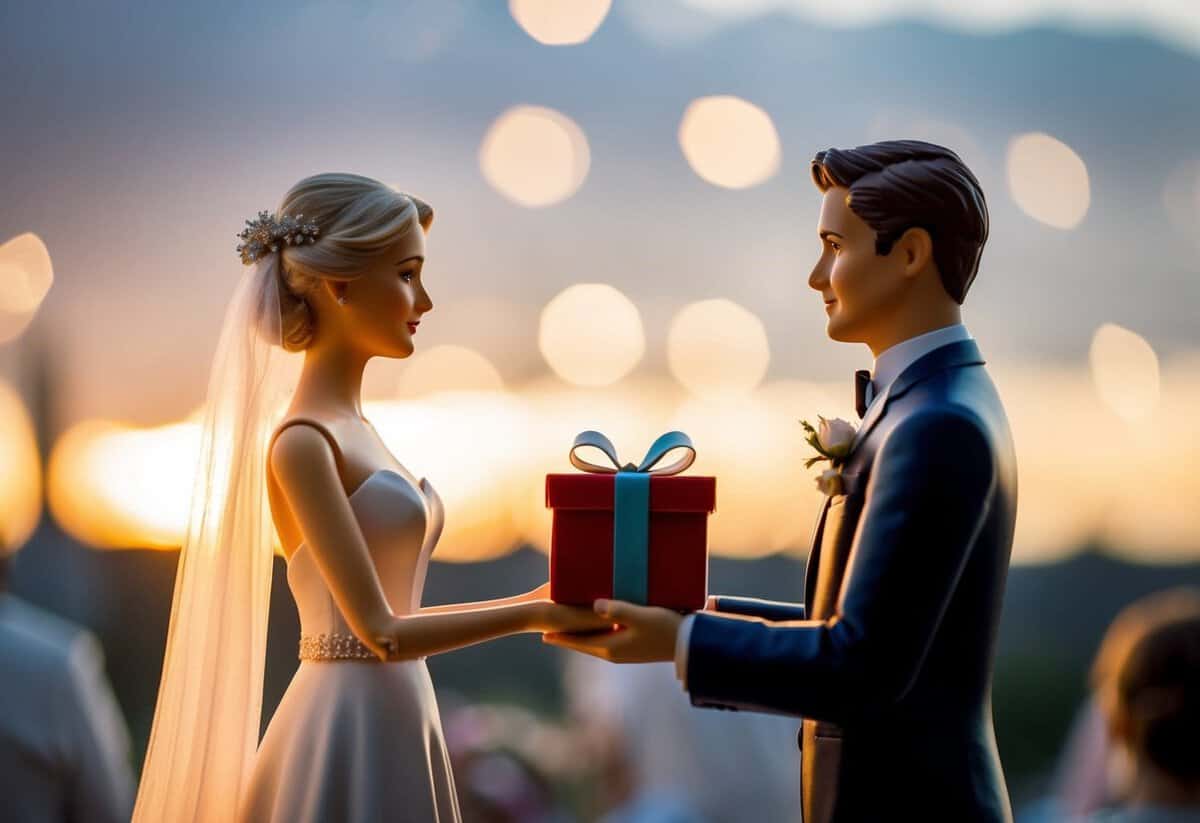 A figure holds out a gift to a solemnizer at various wedding settings
