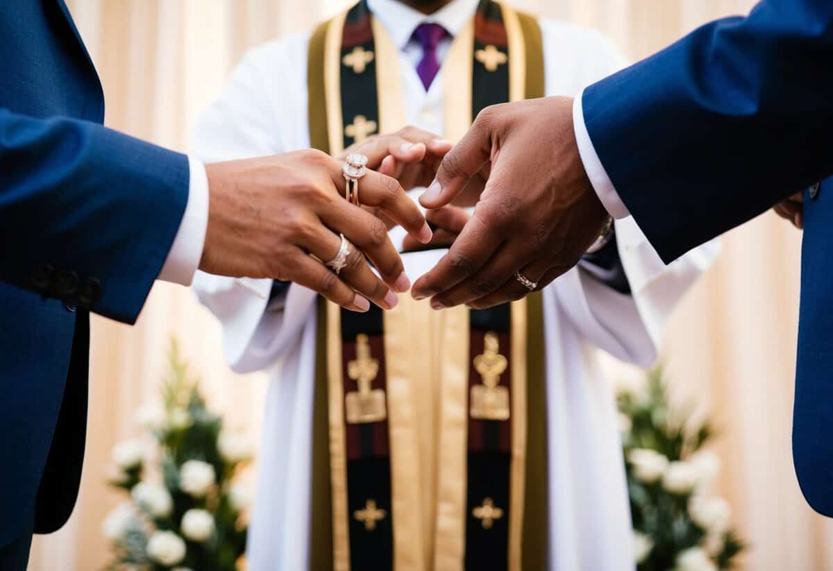 A couple exchanging rings with an officiant standing between them, symbolizing the traditional payment for the officiant's services