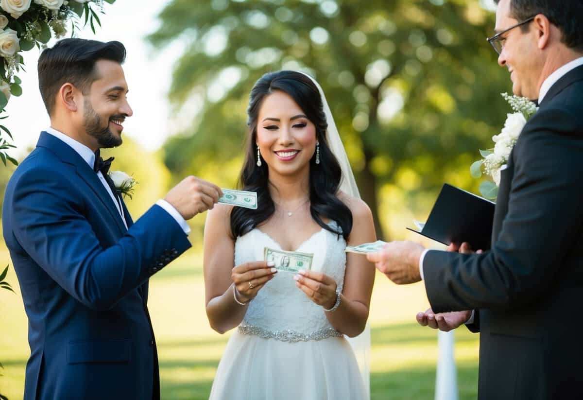 A couple exchanging money with an officiant at a wedding ceremony
