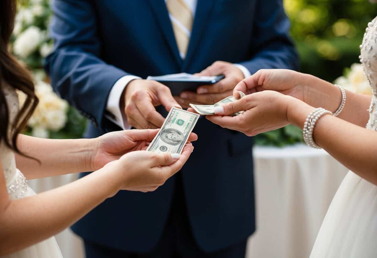 A couple's hands placing money into a wedding officiant's open palm