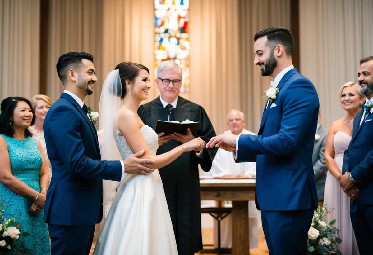 A bride and groom standing with an officiant at the altar, exchanging vows and rings as family members look on