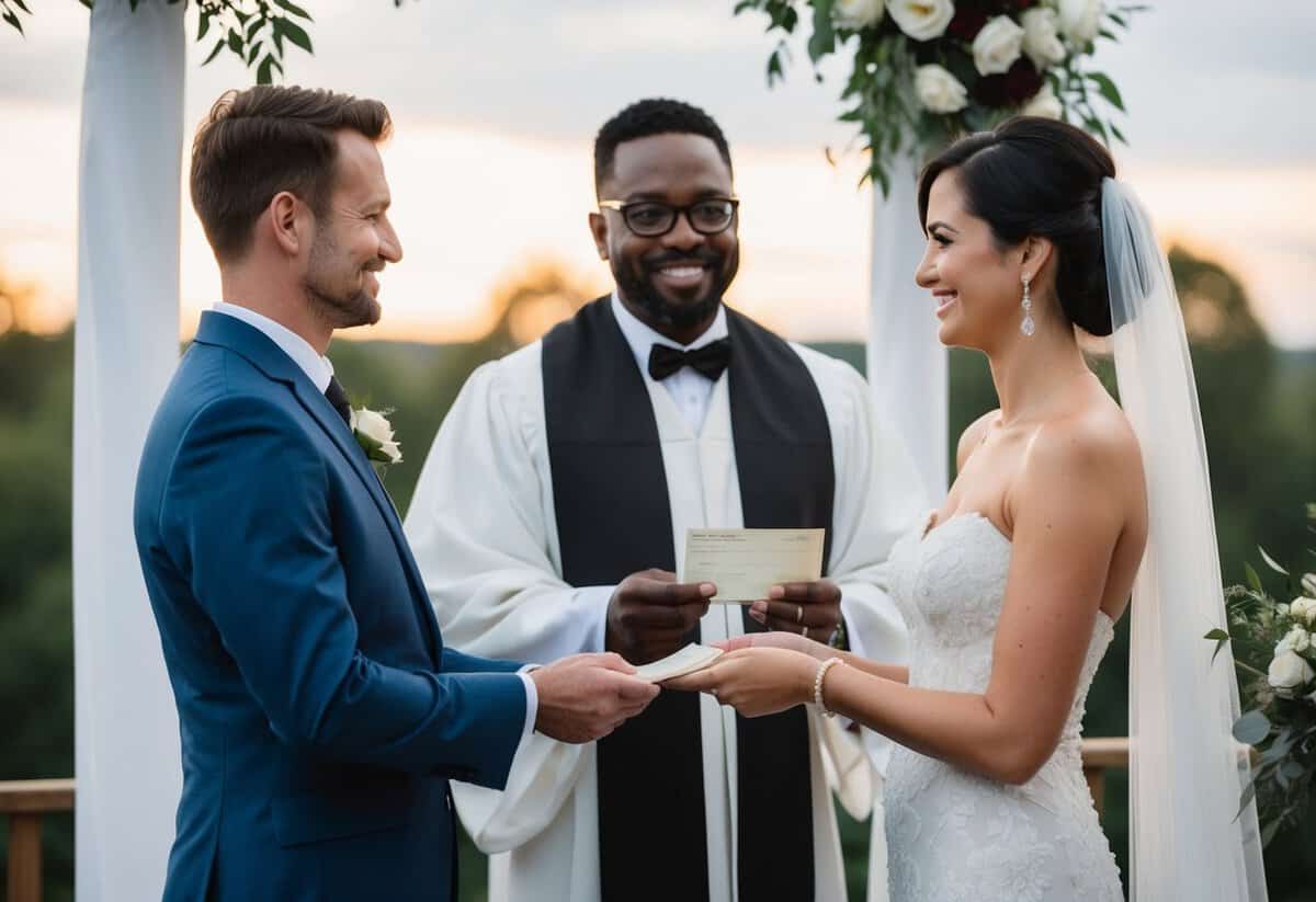 A couple and officiant stand together, exchanging vows. A family member hands payment to the officiant, symbolizing the tradition of the family covering the cost