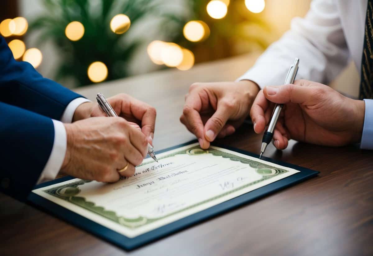 A judge and two witnesses sign a marriage certificate