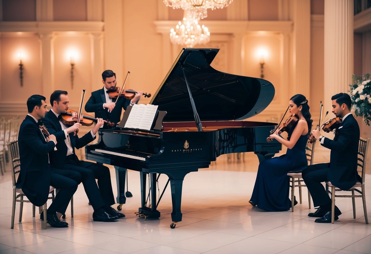 A grand piano in a candlelit ballroom, with a string quartet playing a romantic classical piece for a wedding ceremony