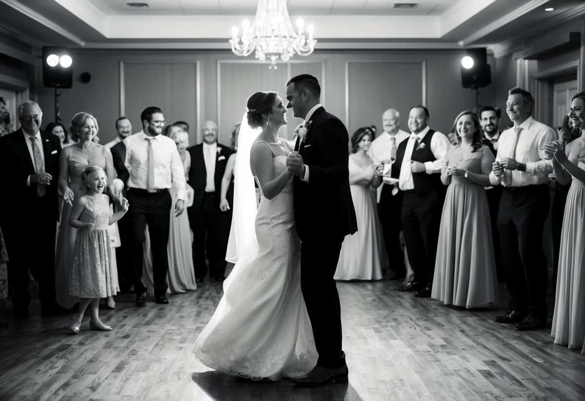 A couple sways on a dance floor, surrounded by friends and family. The room is dimly lit, and soft music fills the air
