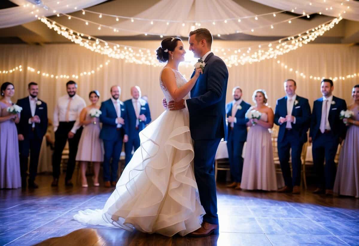 A couple sways on the dance floor, surrounded by twinkling lights and floral decor. The soft melody of a romantic song fills the air, setting the scene for a perfect first dance at a wedding