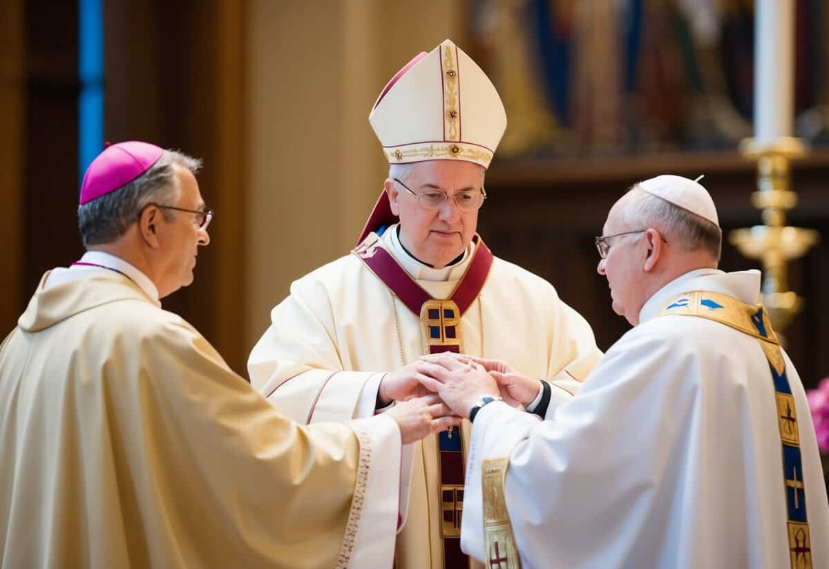 A bishop laying hands on a deacon, priest, and then another bishop in a ceremonial setting