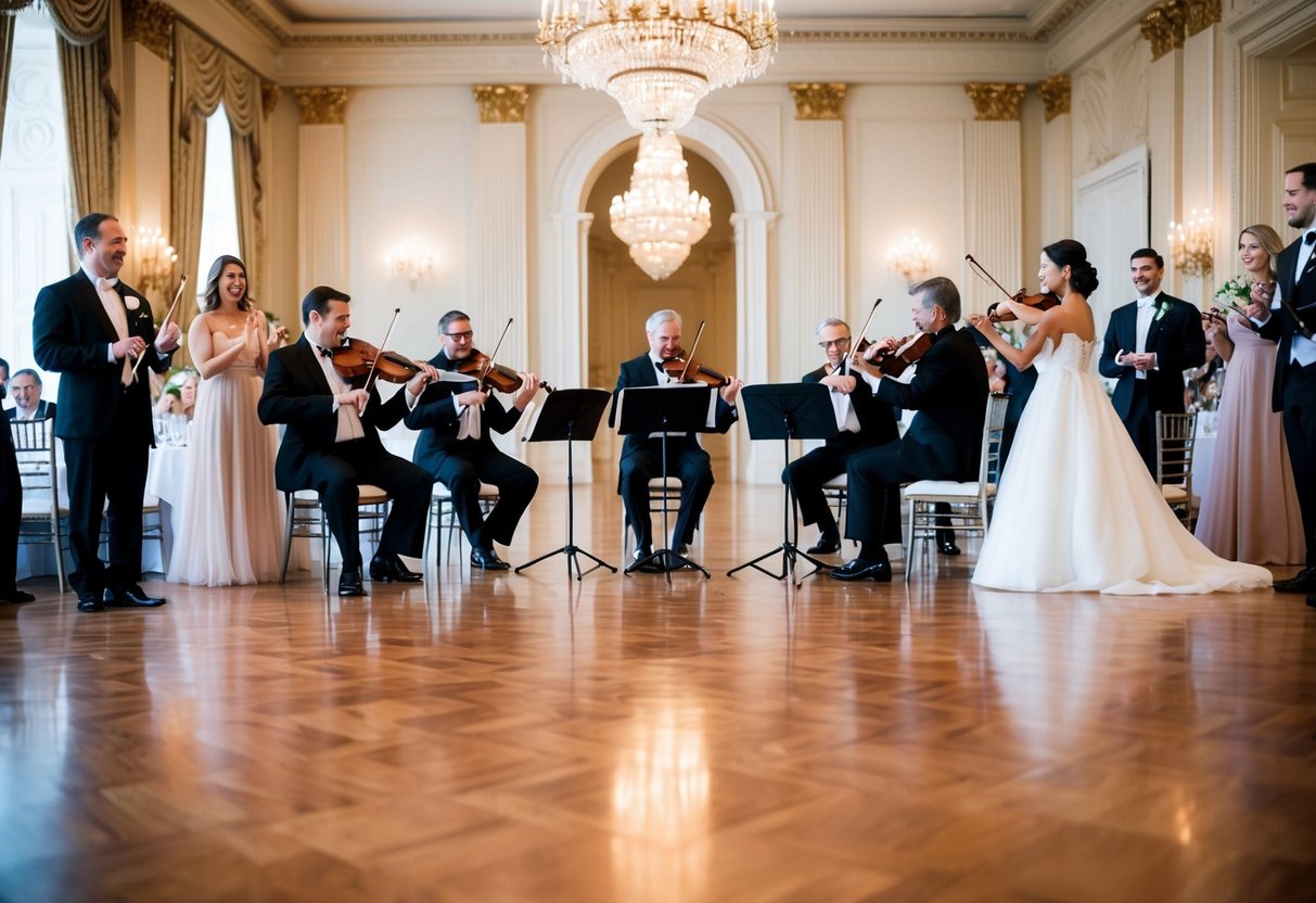 A grand ballroom with a string quartet playing, surrounded by elegant decor and happy guests