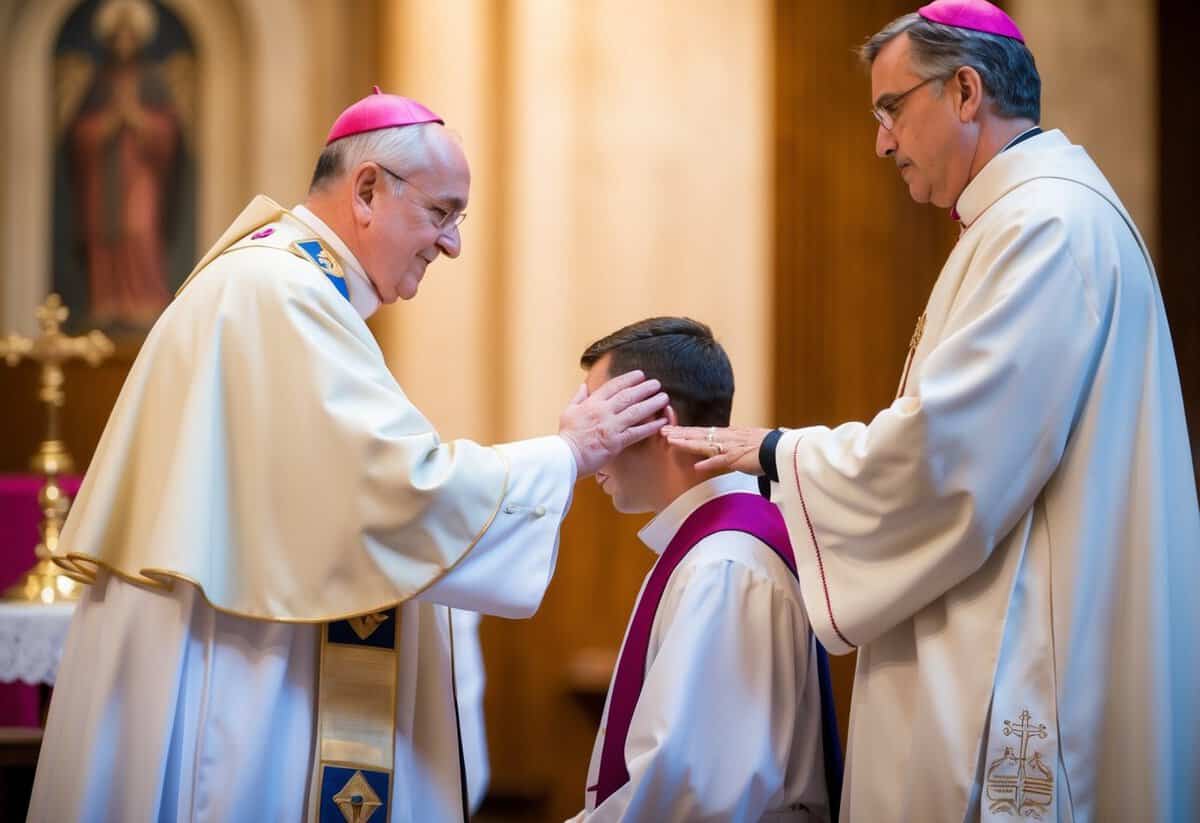 A bishop laying hands on a deacon, who is kneeling, while a priest stands nearby