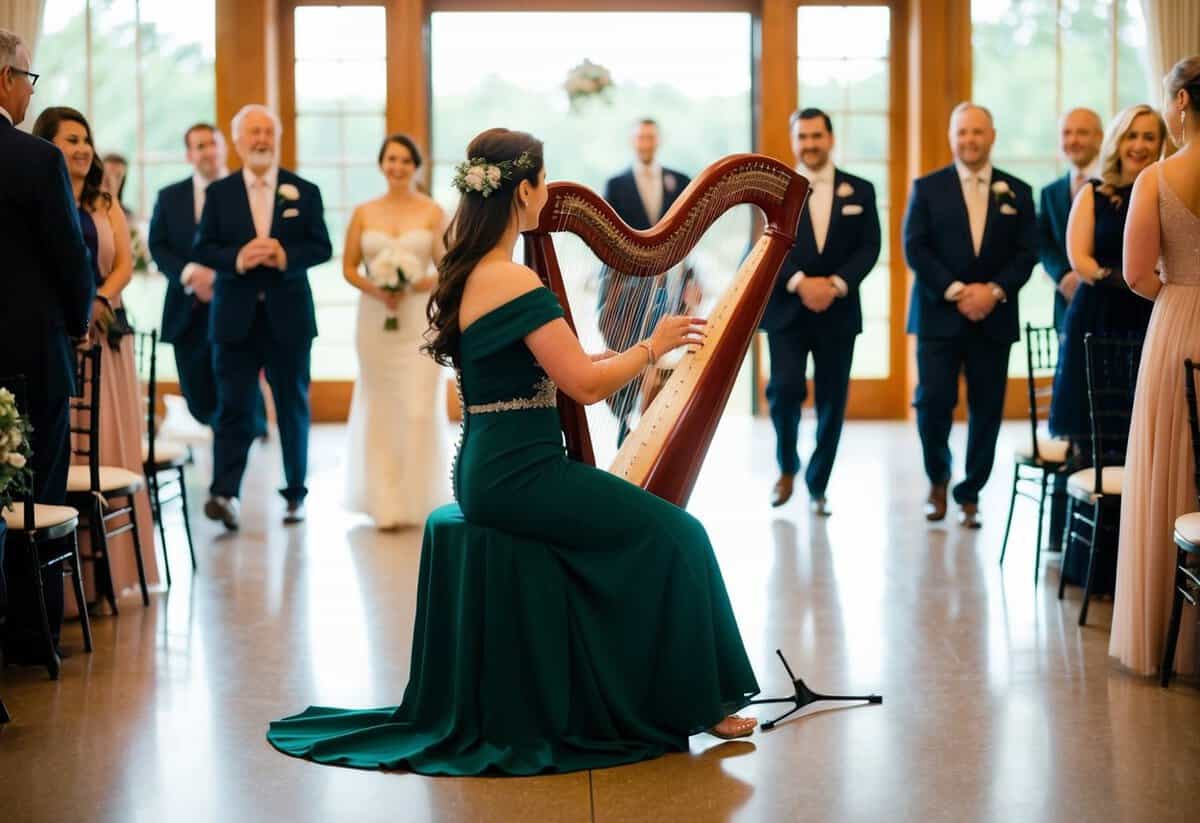 A harpist plays a romantic melody as guests enter the wedding venue