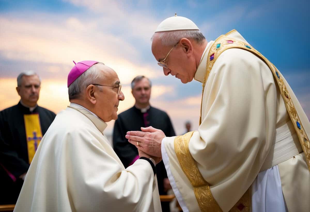 A figure kneeling before a religious leader, receiving a blessing or anointing, followed by a symbolic gesture of acceptance or commitment