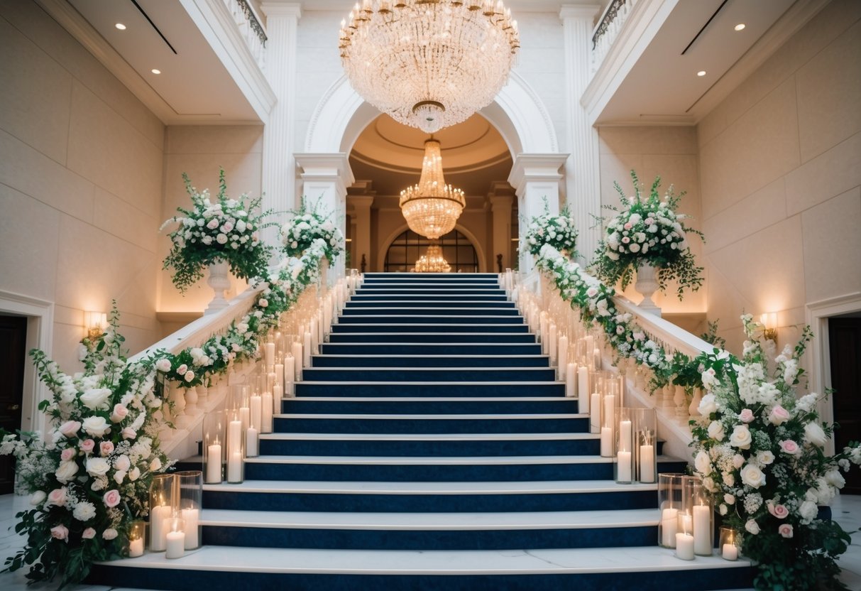 A grand staircase adorned with flowers and candles leads to a sparkling archway at the entrance of a lavish wedding venue