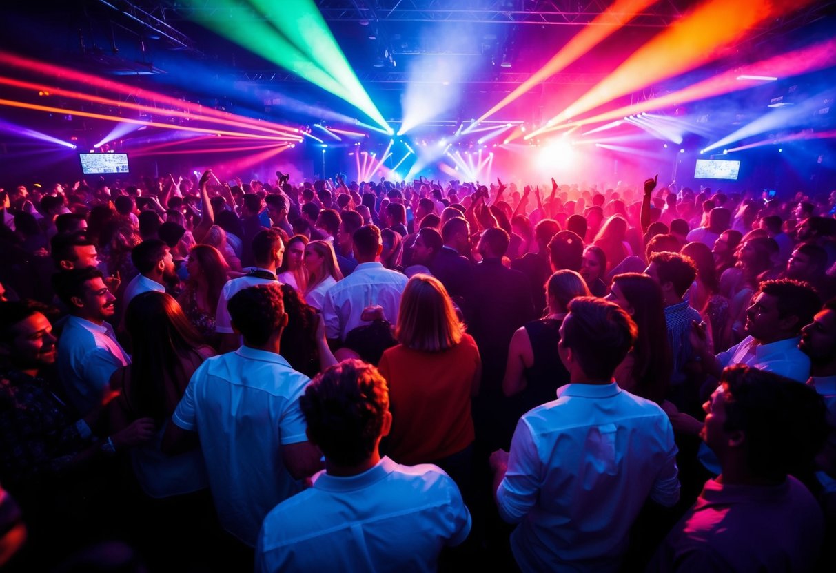 A crowded dance floor pulsing with colorful lights and energetic music