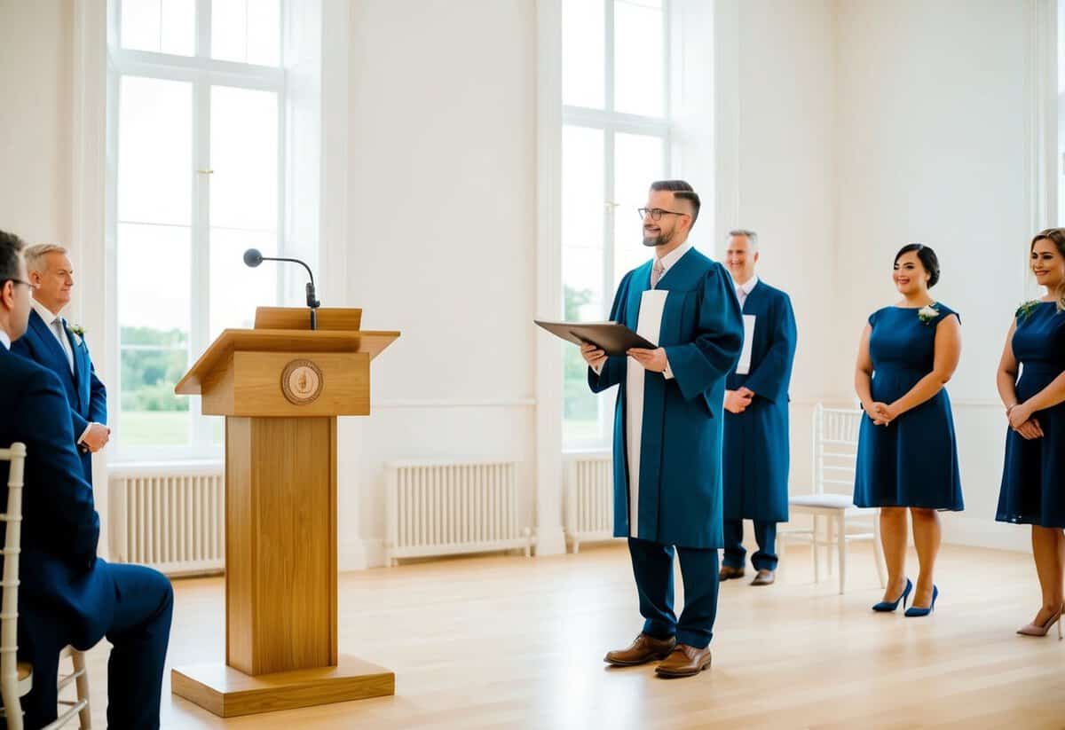 A registrar stands at a wooden podium in a bright, airy room with large windows, ready to officiate a wedding ceremony