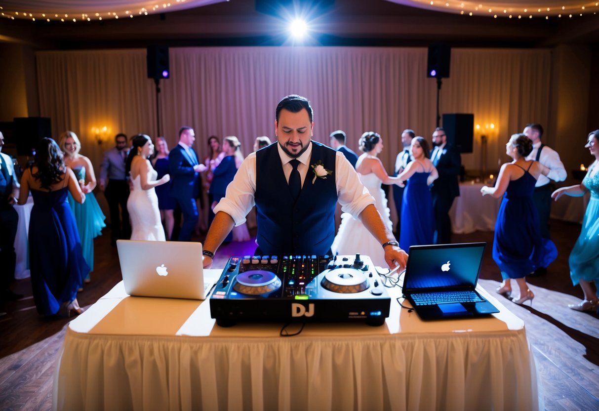 A wedding DJ stands behind a table with a mixer, speakers, and a laptop. The dance floor is filled with guests moving to the music