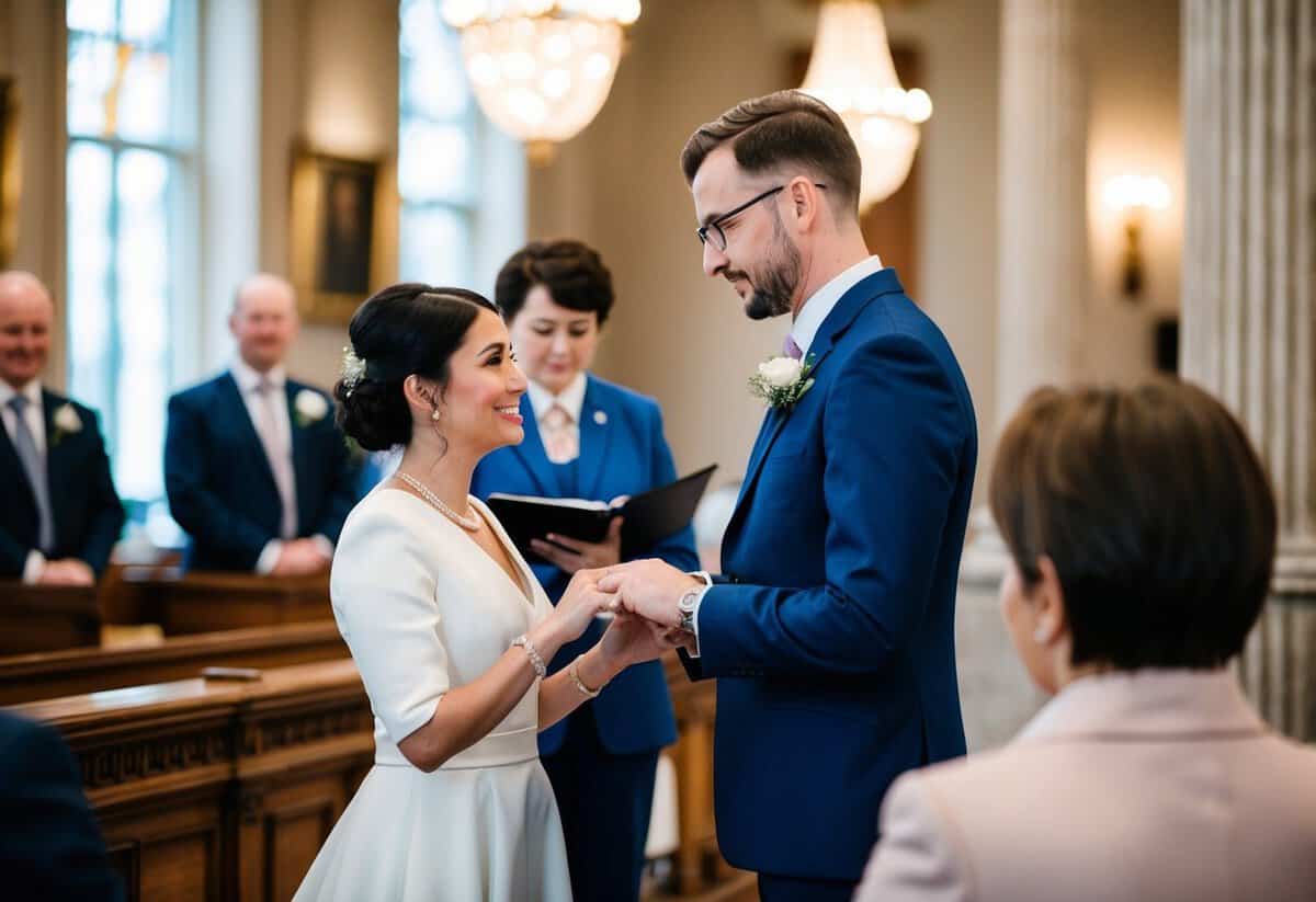 A registrar officiating a marriage ceremony in a UK government building