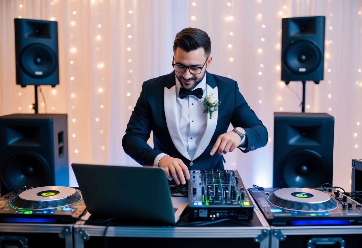 A wedding DJ setting up equipment and selecting music on a laptop, surrounded by speakers and lighting equipment