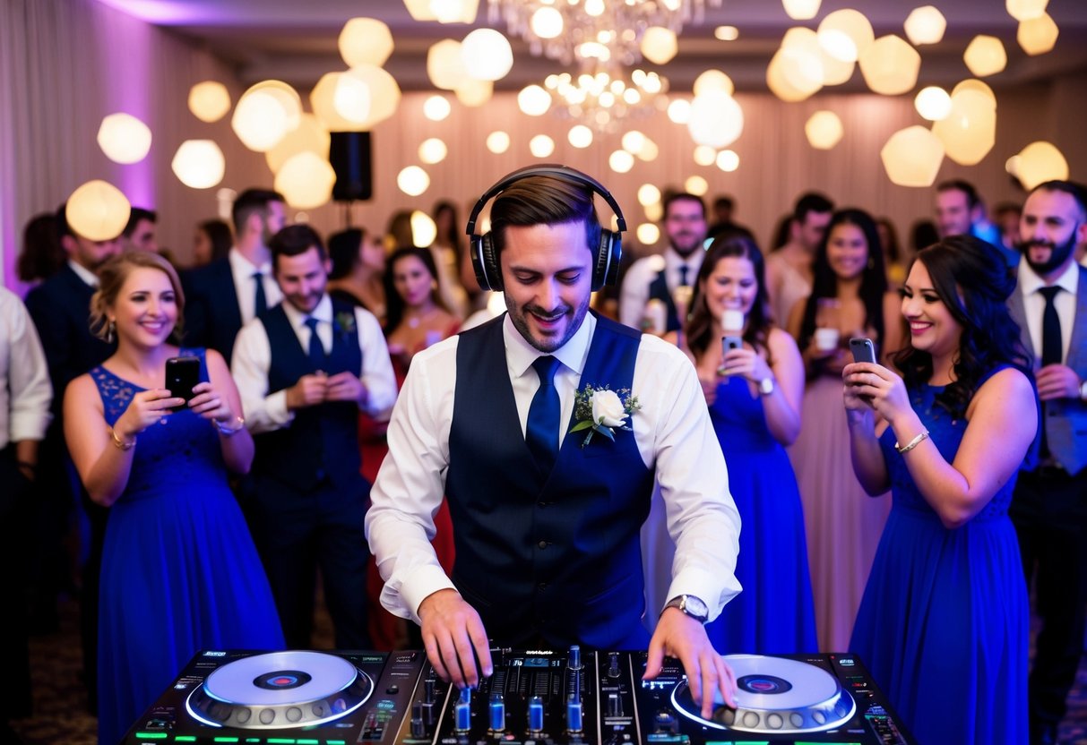 A wedding DJ plays upbeat music, filling the air with energy as guests engage with interactive elements like photo booths and games